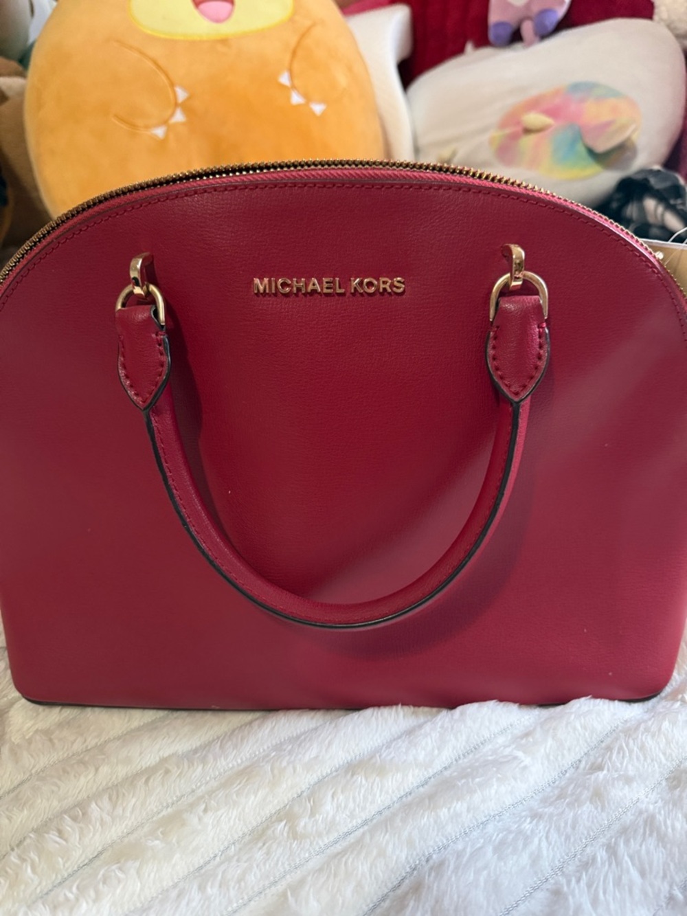 Michael Kors Cherry Red Dome Satchel with Gold Accents